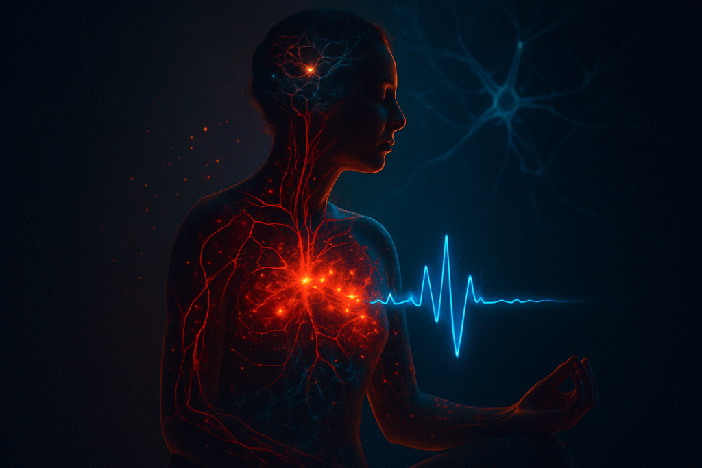 OPTIMISATION COMPLÈTE DU VISUEL PRINCIPAL 🎯 TEXTE ALTERNATIF (ALT) : "Stress chronique effets sur le corps - silhouette humaine avec réseau vasculaire rouge inflammé et électrocardiogramme perturbé