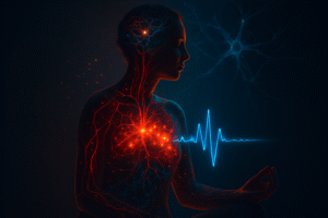 OPTIMISATION COMPLÈTE DU VISUEL PRINCIPAL 🎯 TEXTE ALTERNATIF (ALT) : "Stress chronique effets sur le corps - silhouette humaine avec réseau vasculaire rouge inflammé et électrocardiogramme perturbé