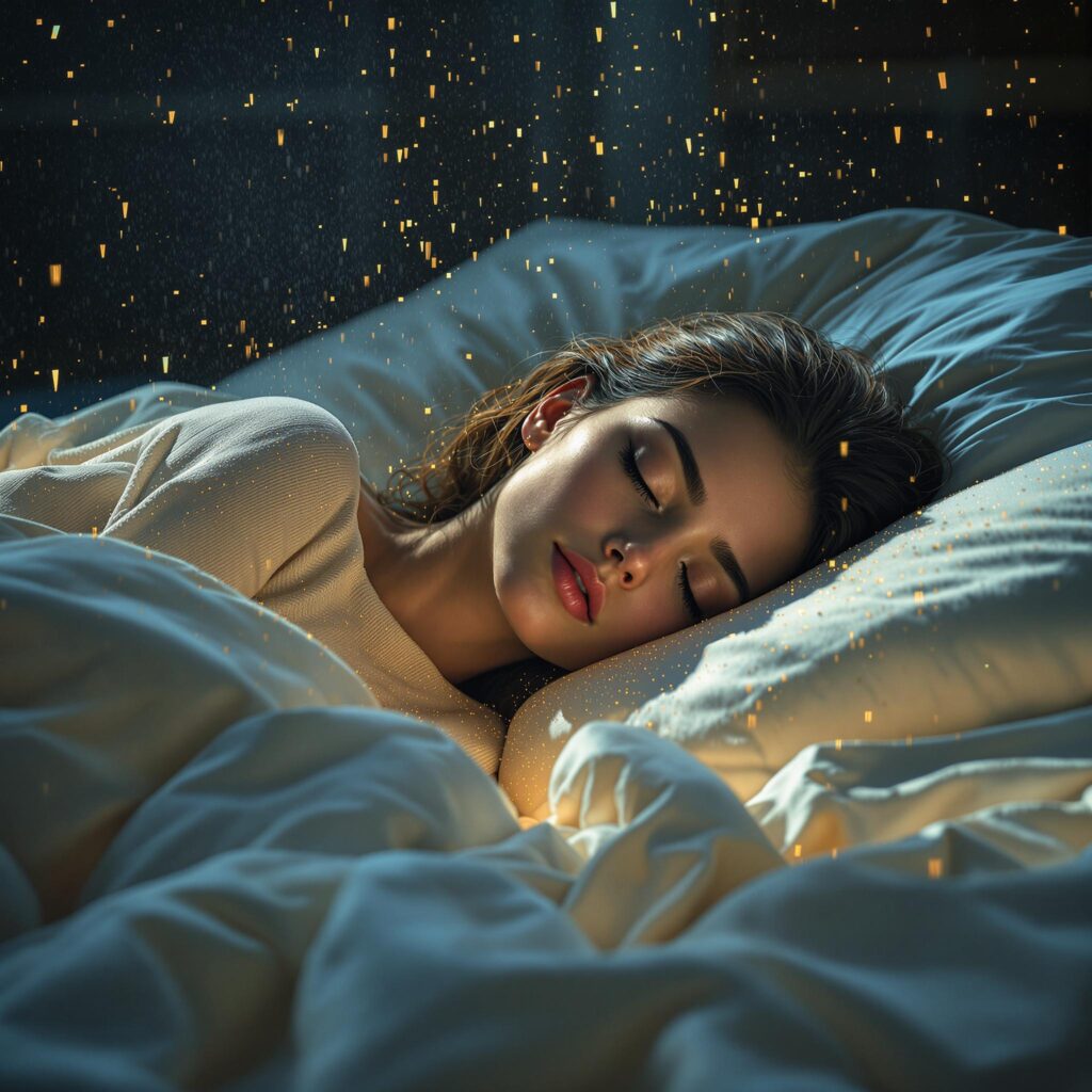 Femme dormant paisiblement dans un lit confortable avec des draps blancs, sous un ciel étoilé ou des particules dorées, symbolisant un sommeil profond et une atmosphère de détente et de sérénité.