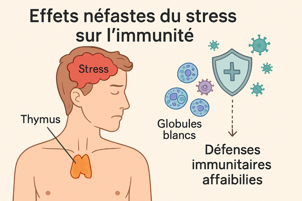 Effets néfastes du stress chronique sur le système immunitaire - schéma montrant thymus affaibli et défenses immunitaires réduites