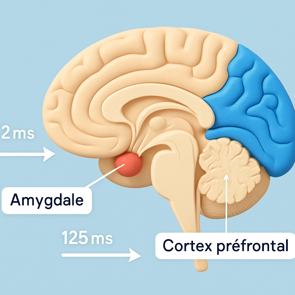 Schéma médical 3D du cerveau montrant amygdale et cortex préfrontal dans les phobies
