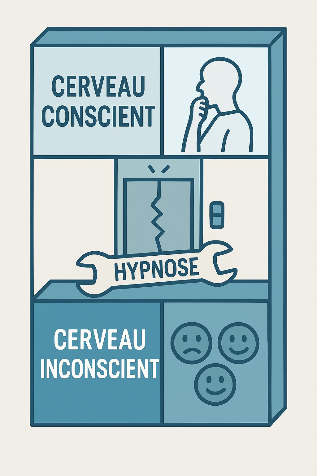 Illustration d'un bâtiment avec deux étages, représentant le cerveau conscient et inconscient, avec une clé (l'hypnose) permettant d'accéder à l'étage inférieur