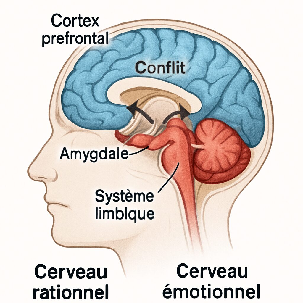 Image représentant un cerveau humain avec des régions étiquetées, notamment le cortex préfrontal, l'amygdale et le système limbique