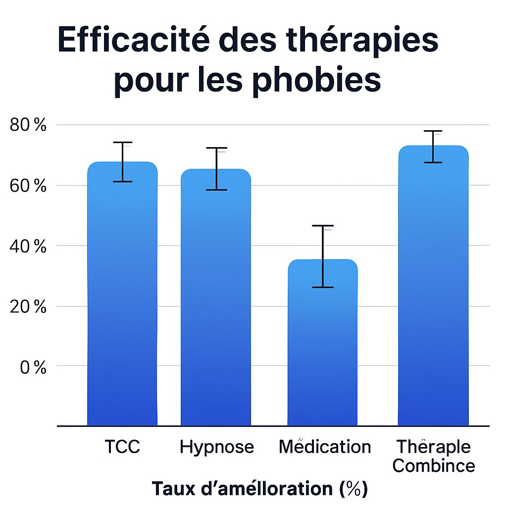 Graphique à barres comparant l'efficacité de différentes thérapies pour les phobies, notamment la TCC, l'hypnose, la médication et la thérapie combinée