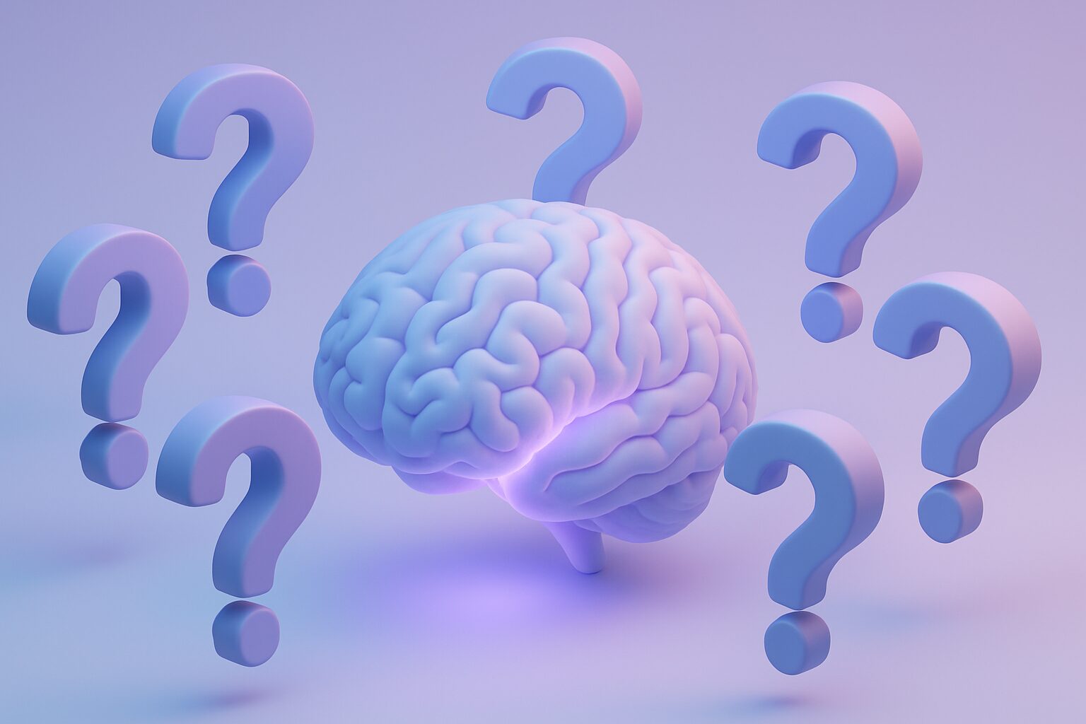 Points d'interrogation stylisés entourant un cerveau, symbolisant les questions sur l'hypnose
