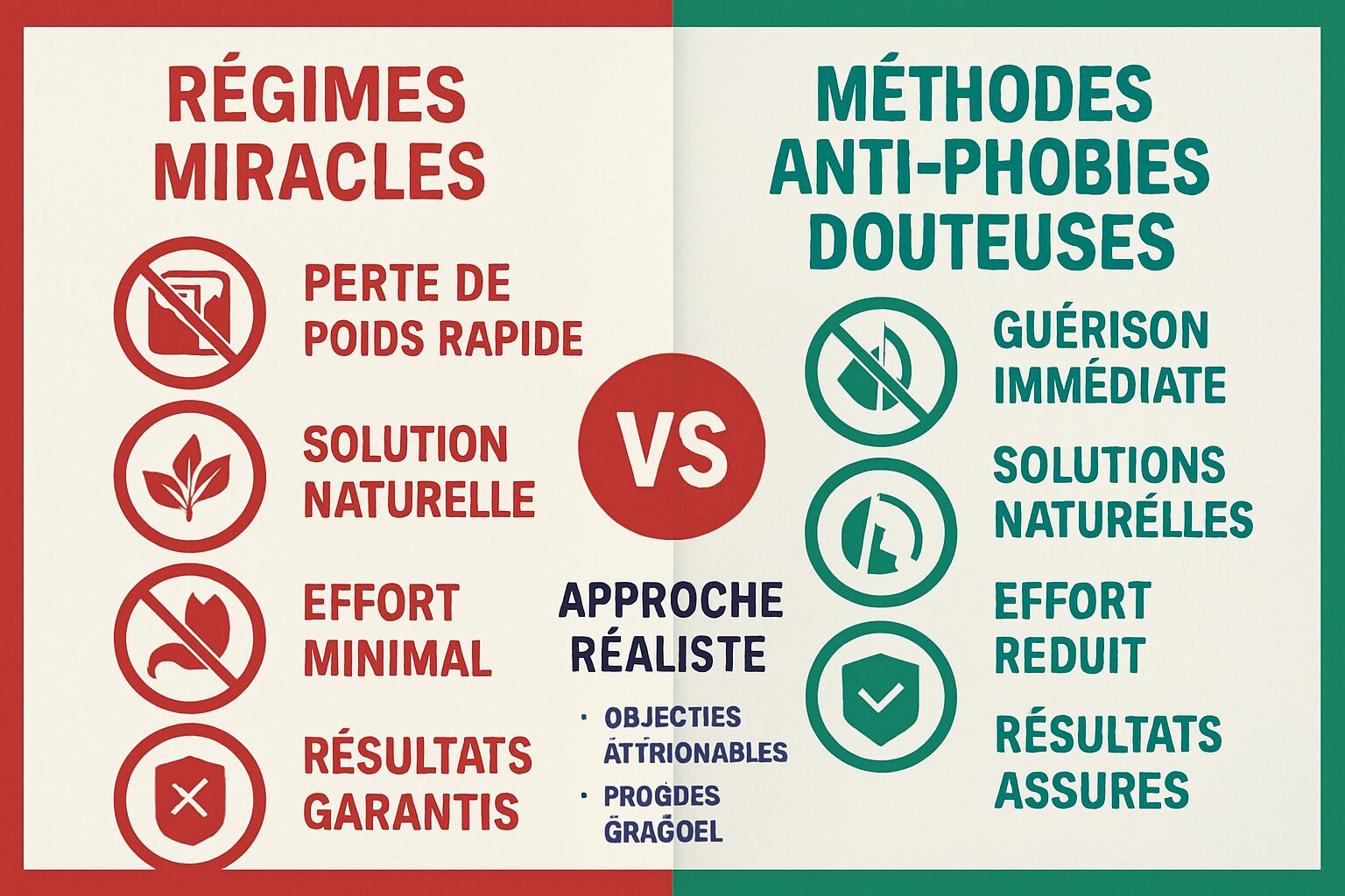Tableau comparatif efficacité des méthodes anti-phobies versus hypnose thérapeutiqueComparaison objective entre promesses miraculeuses et approches thérapeutiques durables