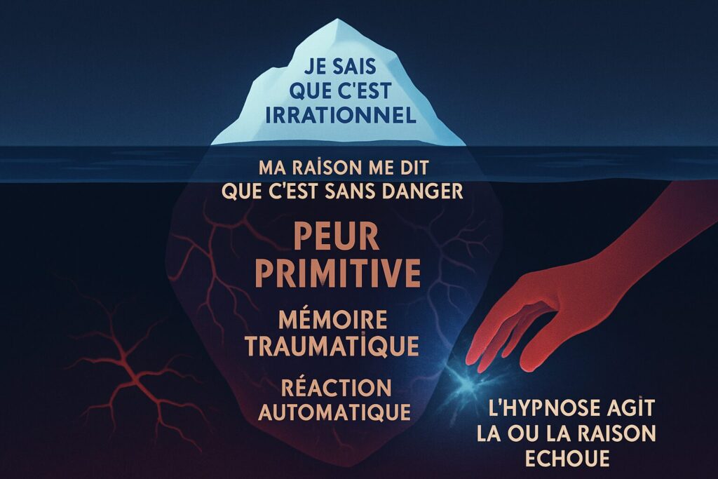 Illustration minimaliste d'un iceberg représentant la peur, avec une main symbolisant l'hypnose agissant sur l'inconscient pour traiter les phobies" Pourquoi ?