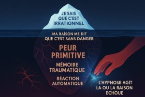 Illustration minimaliste d'un iceberg représentant la peur, avec une main symbolisant l'hypnose agissant sur l'inconscient pour traiter les phobies" Pourquoi ?