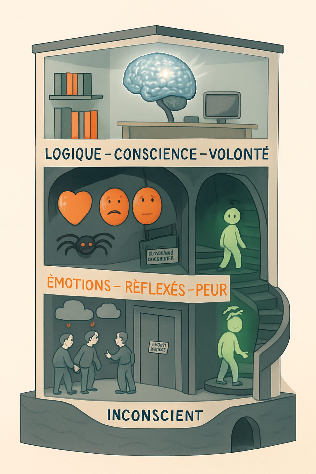 Illustration scientifique d'un cerveau en immeuble à 3 étages (logique, émotions, inconscient) avec métaphore de l'ascenseur en panne et escalier d'hypnos
