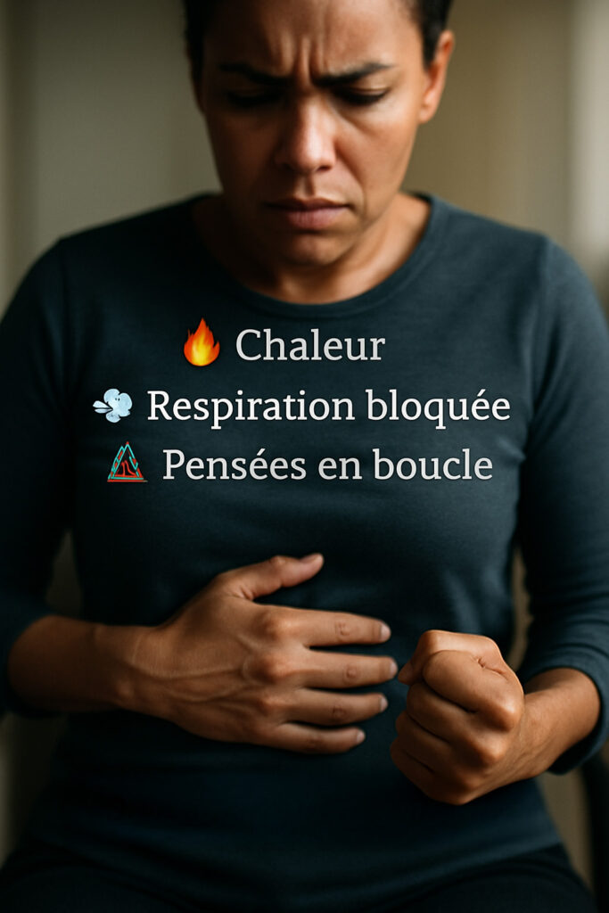 Personne en gros plan, mains sur l’abdomen et poing serré, visage concentré; texte à l’écran: ‘Chaleur’, ‘Respiration bloquée’, ‘Pensées en boucle