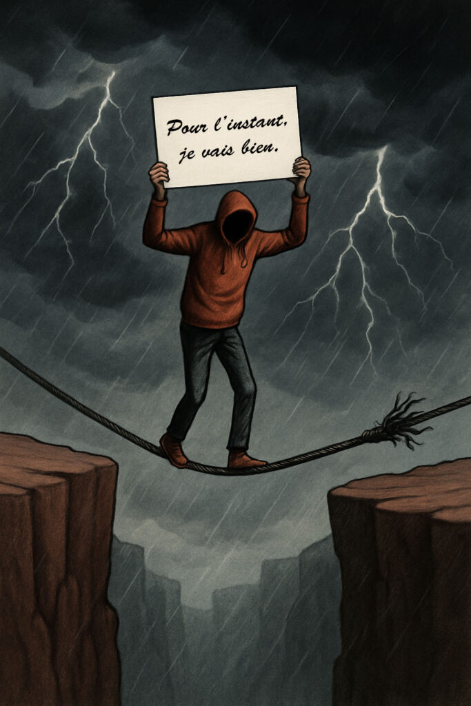 Personne à capuche marchant sur une corde usée entre deux falaises sous l’orage, tenant un panneau ‘Pour l’instant, je vais bien.