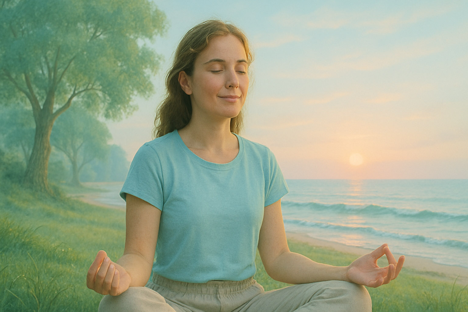 Une pause de méditation pour apaiser le stress et retrouver le calme
Description (longue): Image d’une personne assise en méditation sur une plage au lever du soleil. Ambiance douce, verts et bleus pastel, mer calme et expression détendue. Idéale pour illustrer méditation, hypnose, respiration et gestion du stress.