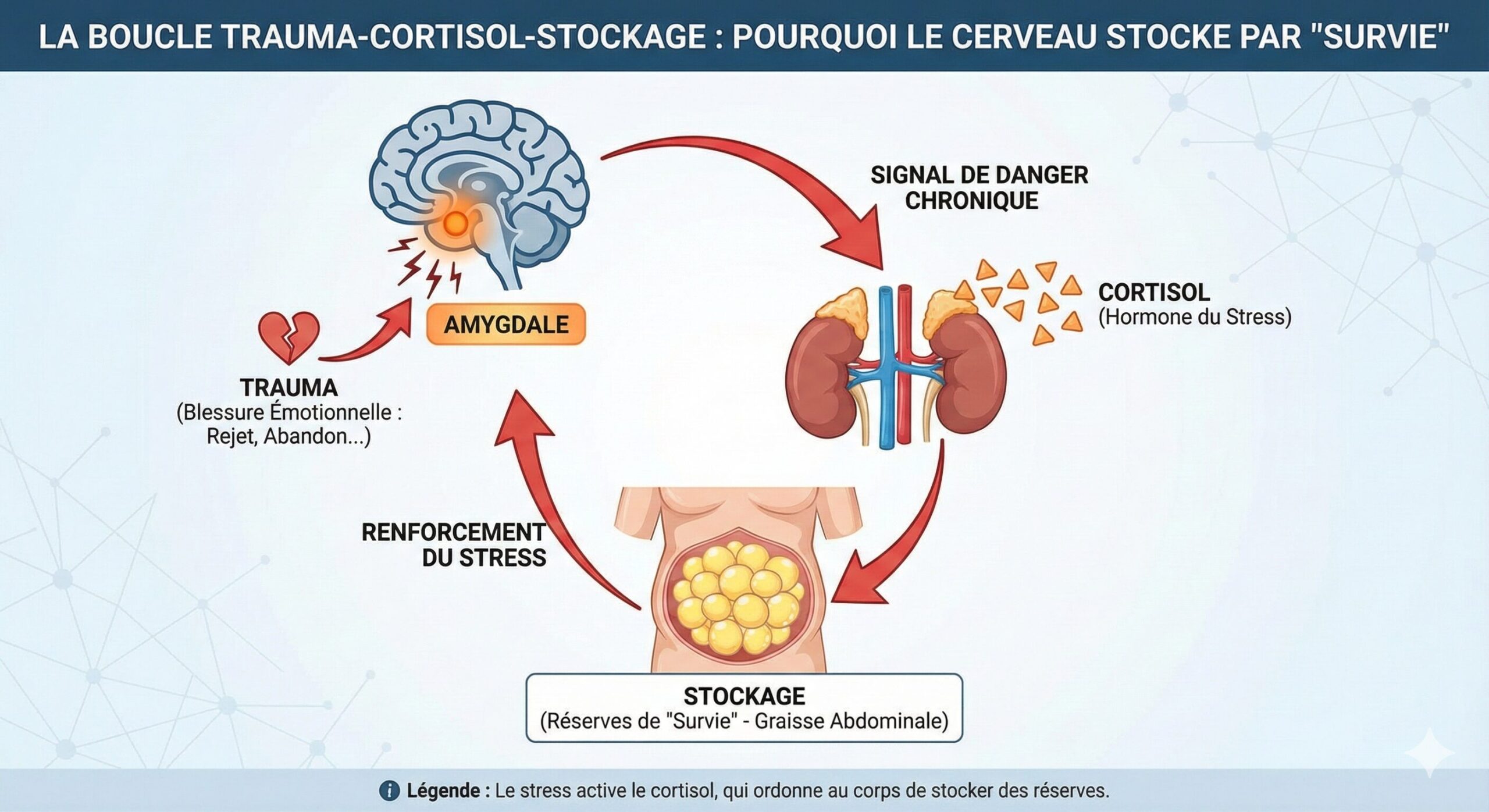 Schéma explicatif de la boucle du stress : comment le cortisol ordonne au corps de stocker du gras abdominal en réponse à un traumatisme ou une anxiété chronique.