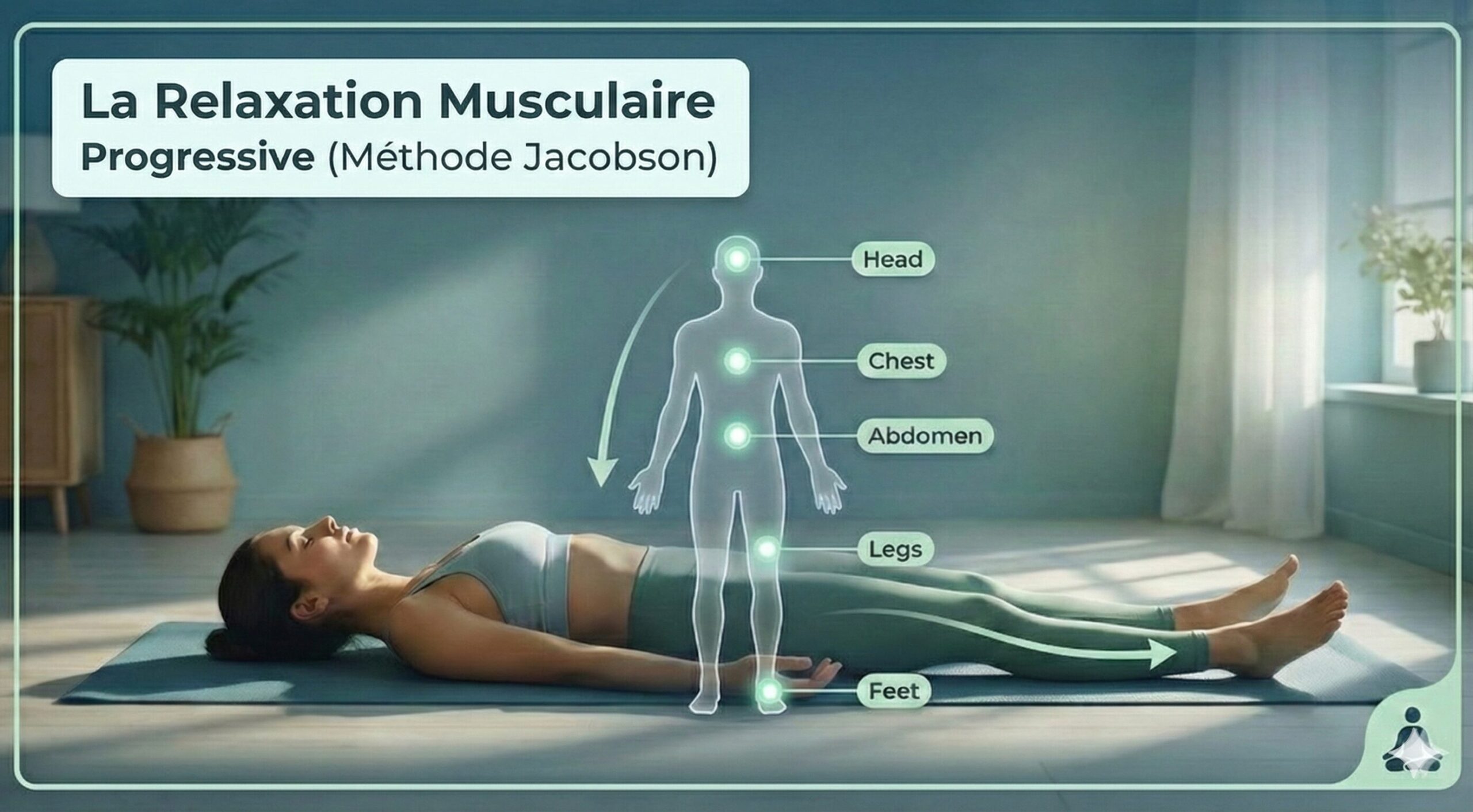 Femme allongée pratiquant la méthode Jacobson. Un schéma corporel indique les zones à contracter puis relâcher (tête, thorax, abdomen, jambes, pieds).