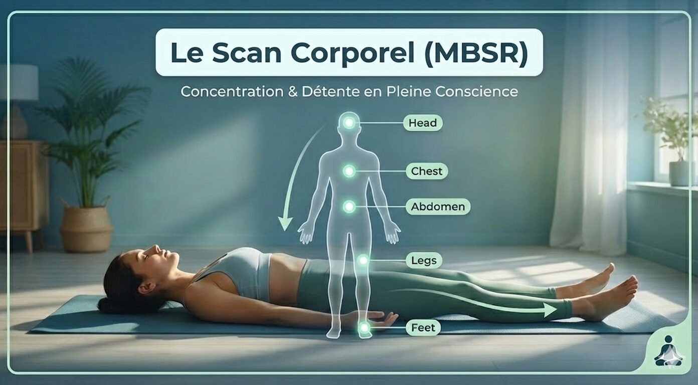 Femme allongée réalisant un Scan Corporel (MBSR). Un schéma montre le balayage mental des zones du corps (tête, thorax, abdomen, jambes, pieds) pour la détente.