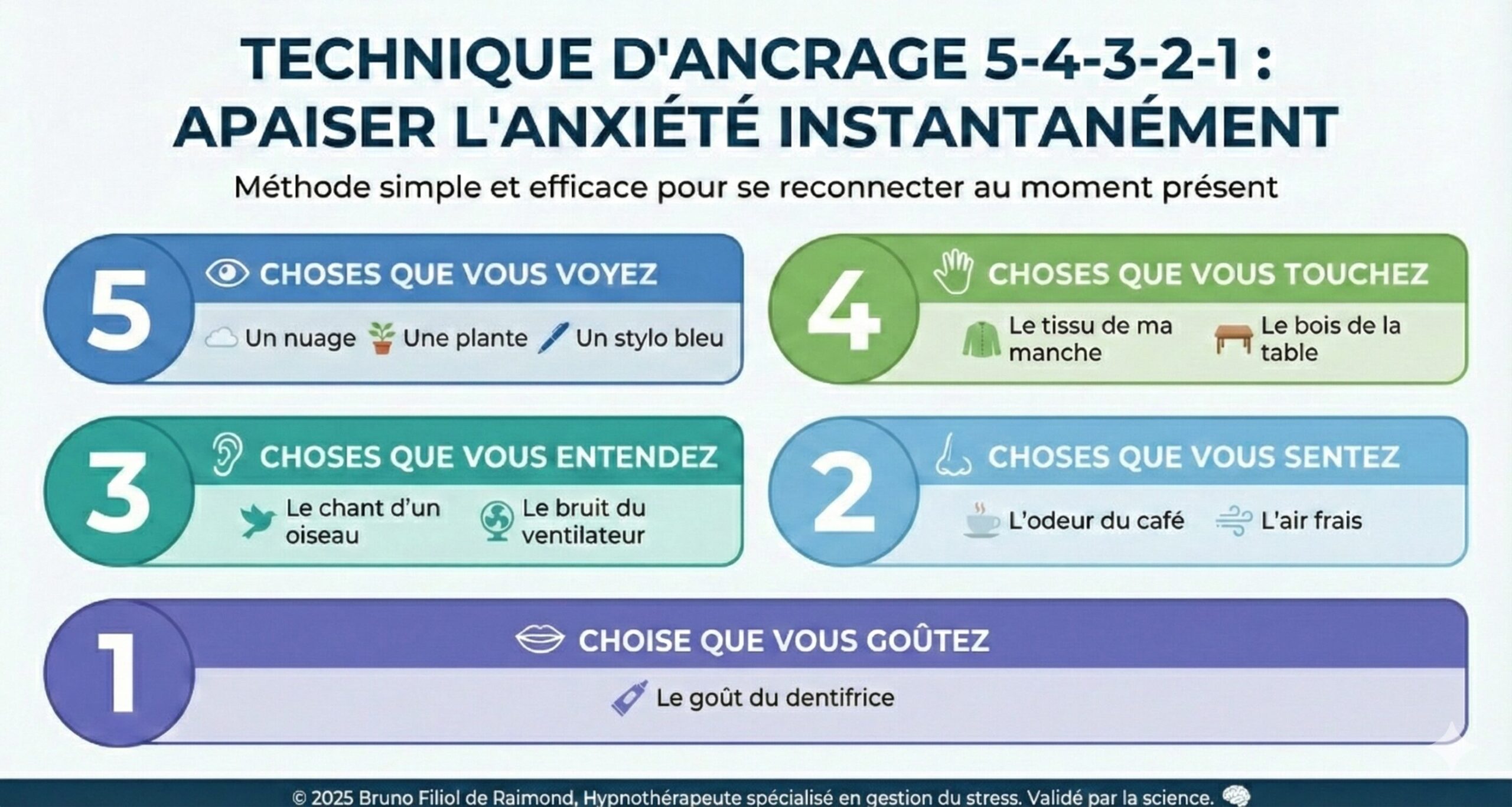 Infographie de la méthode 5-4-3-2-1 : 5 choses vues, 4 touchées, 3 entendues, 2 senties, 1 goûtée. Technique de grounding pour calmer l'anxiété.