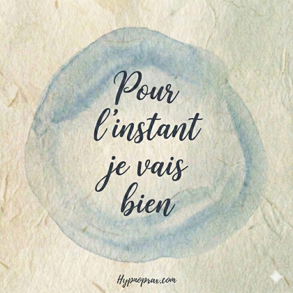 Citation d'hypnose sur fond texturé zen : "Pour l'instant, je vais bien".