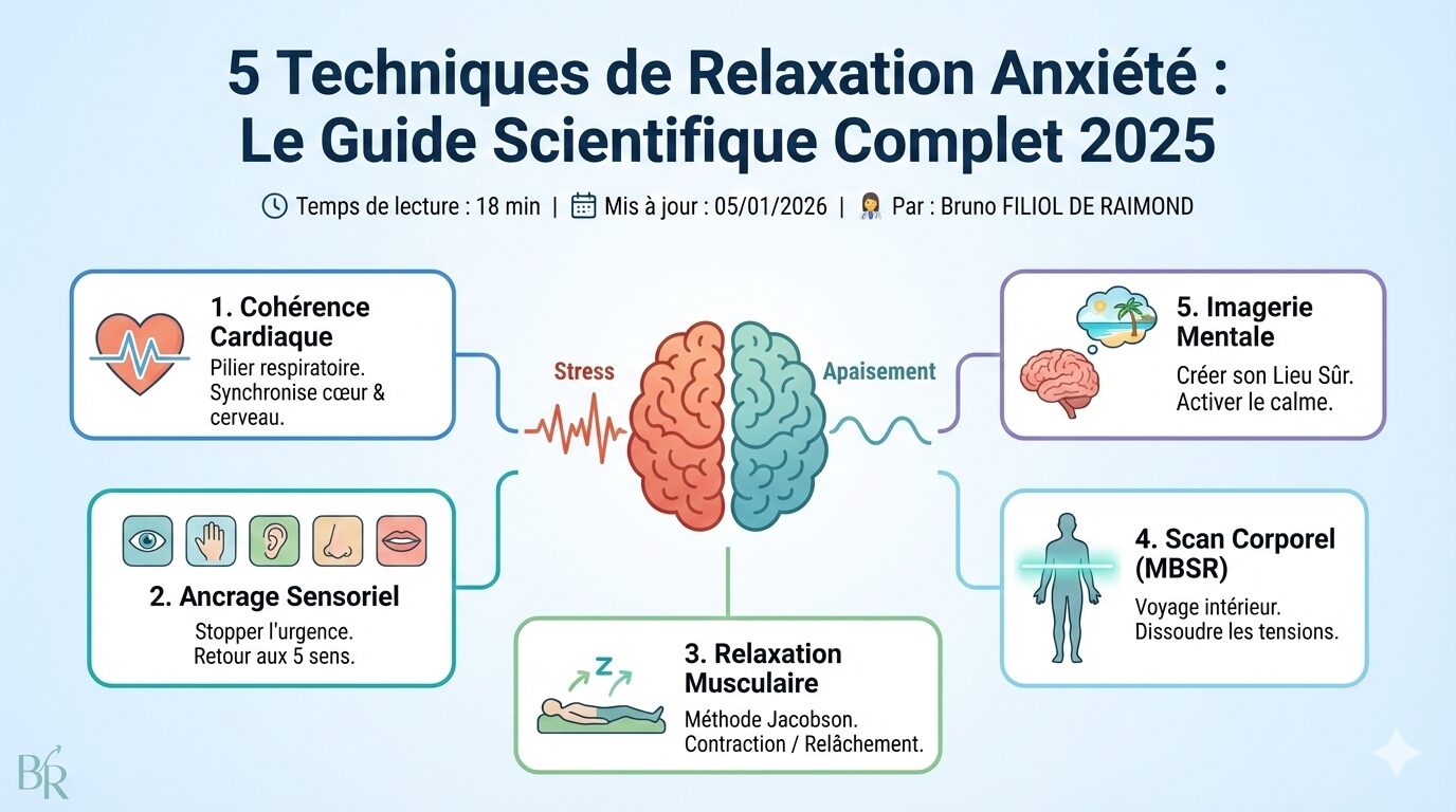 Infographie sommaire détaillant les 5 techniques de relaxation contre l'anxiété : cohérence cardiaque, ancrage sensoriel, relaxation musculaire Jacobson, scan corporel et imagerie mentale.Infographie sommaire détaillant les 5 techniques de relaxation contre l'anxiété : cohérence cardiaque, ancrage sensoriel, relaxation musculaire Jacobson, scan corporel et imagerie mentale.