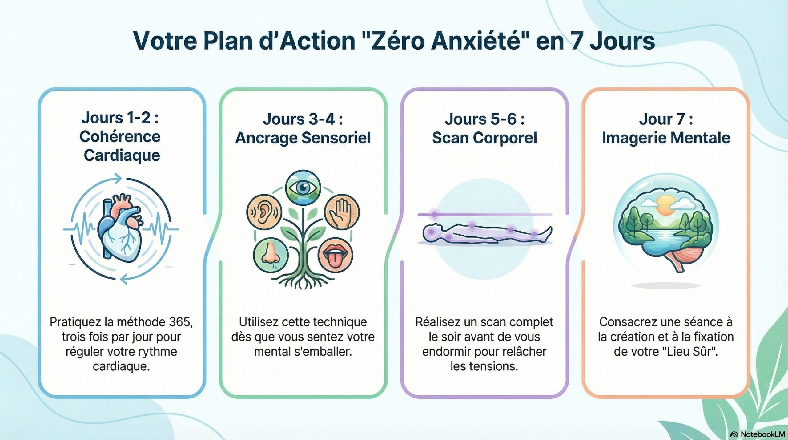 Infographie du plan d'action "Zéro Anxiété" sur 7 jours. Étape 1 : Cohérence Cardiaque (Jours 1-2), Étape 2 : Ancrage Sensoriel (Jours 3-4), Étape 3 : Scan Corporel (Jours 5-6), Étape 4 : Imagerie Mentale (Jour 7).