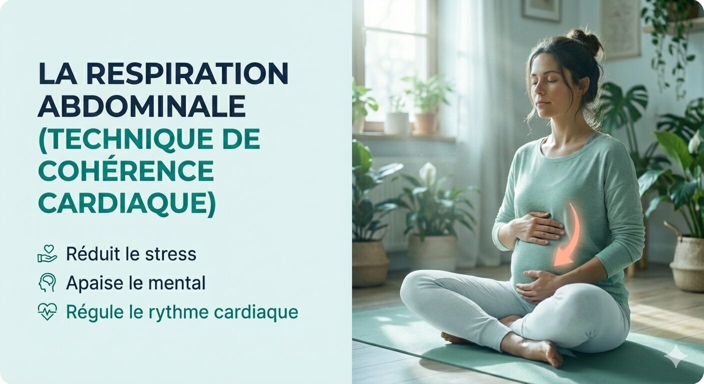 Femme pratiquant la respiration abdominale (technique de cohérence cardiaque) pour réduire le stress, apaiser l'esprit et réguler le rythme cardiaque, assise en tailleur dans une pièce zen avec plantes vertes