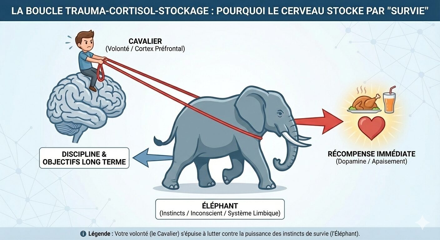 Infographie montrant la métaphore du Cavalier (Volonté) et de l'Éléphant (Instincts). Le cavalier pense à la santé (salade/temps) alors que l'éléphant est attiré par la récompense immédiate (nourriture riche).