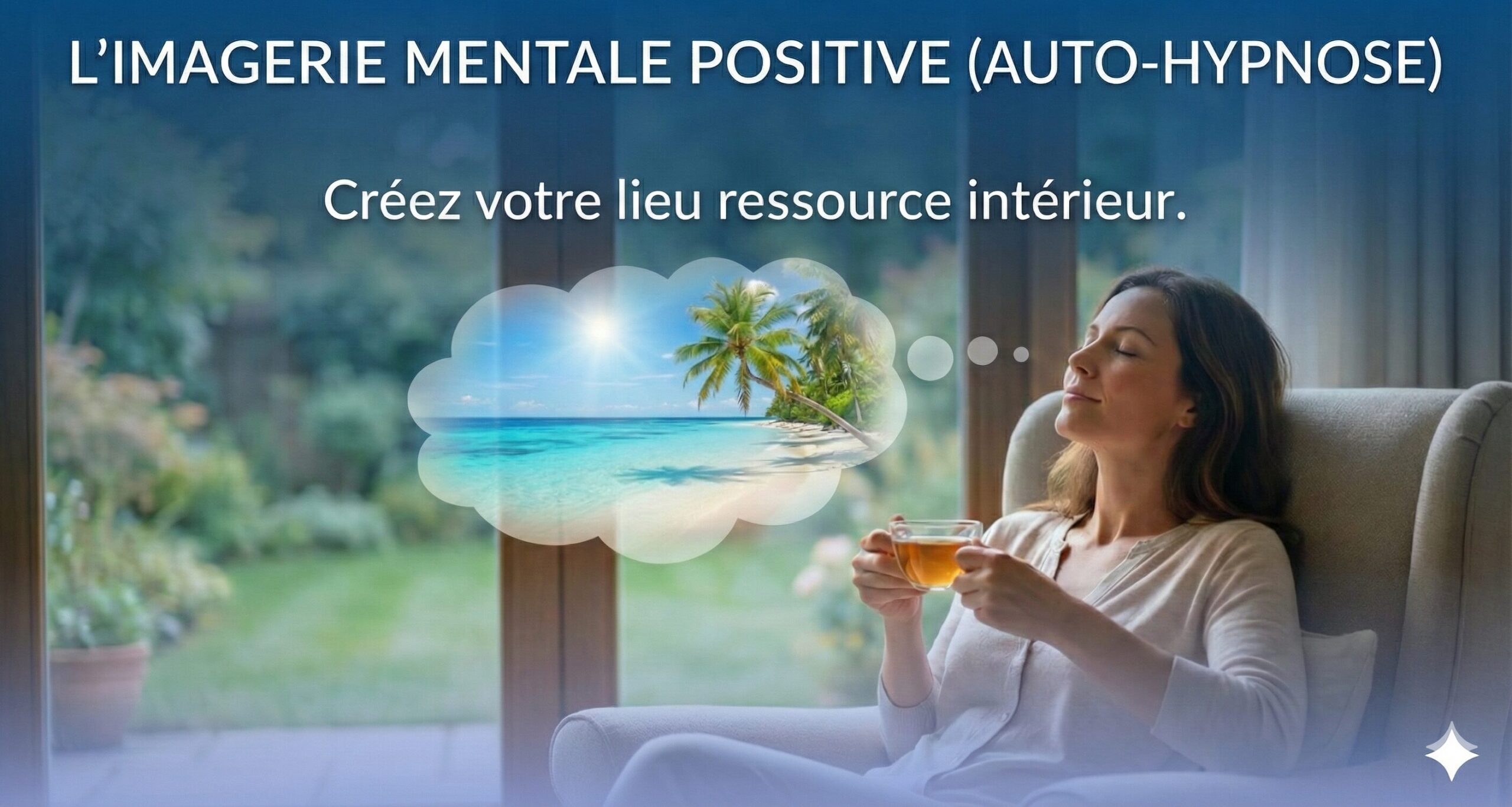 Femme sereine buvant un thé, visualisant une plage paradisiaque dans une bulle de pensée. Illustration de l'exercice du "Lieu Sûr" en auto-hypnose pour réduire le stress.