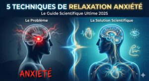 Illustration en deux parties montrant le contraste entre un cerveau en état de stress (rouge) et un cerveau apaisé (bleu) grâce aux techniques de relaxation anxiété neuroscientifiques.