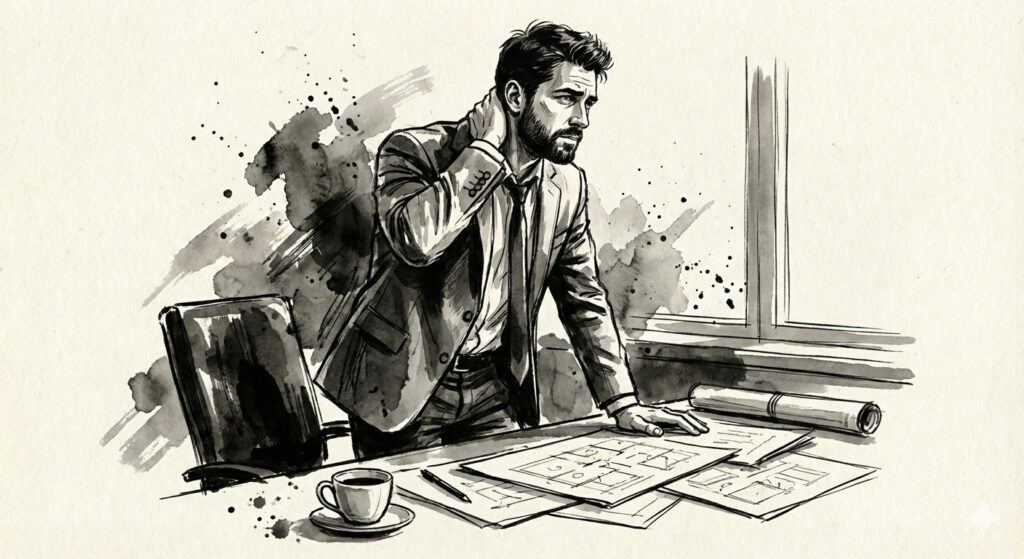 Illustration style fusain d'un homme épuisé mais déterminé à son bureau, évoquant l'Éloge de la fatigue de Robert Lamoureux.