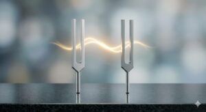 Deux diapasons en argent vibrant à l'unisson avec une onde dorée, symbolisant la co-régulation entre l'aidant et son proche.