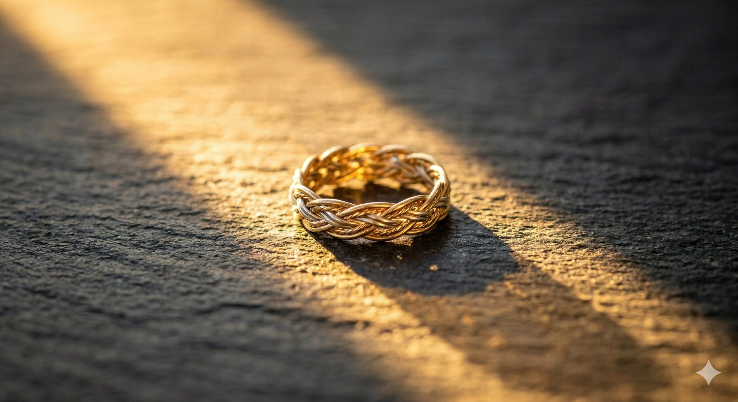 Macro-photographie d'une bague tressée en métal sous un rayon de soleil doré, révélant le grain de l'ardoise noire.