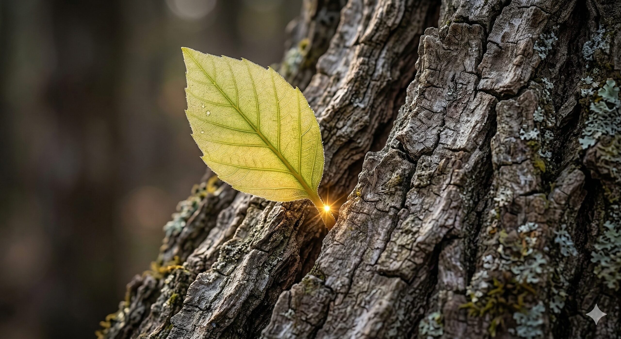 Une feuille verte lumineuse émergeant d'une écorce rugueuse, symbolisant la force vitale de l'aidant.