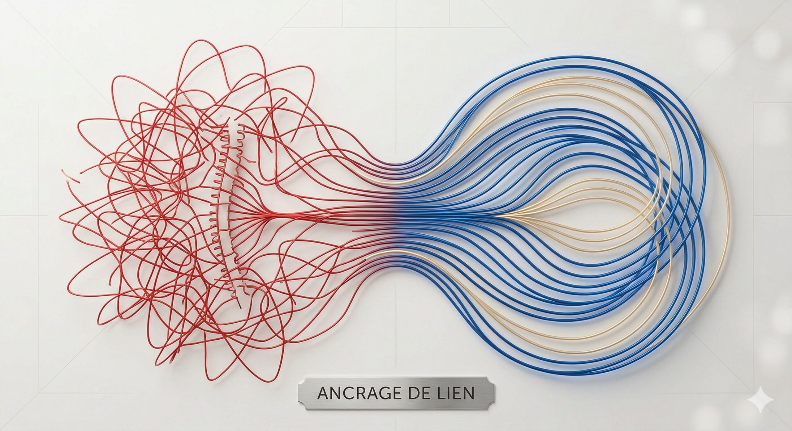 Diagramme stylisé montrant la transition du stress (rouge) vers l'ordre et le calme (bleu/or) avec la mention Ancrage de Lien.
