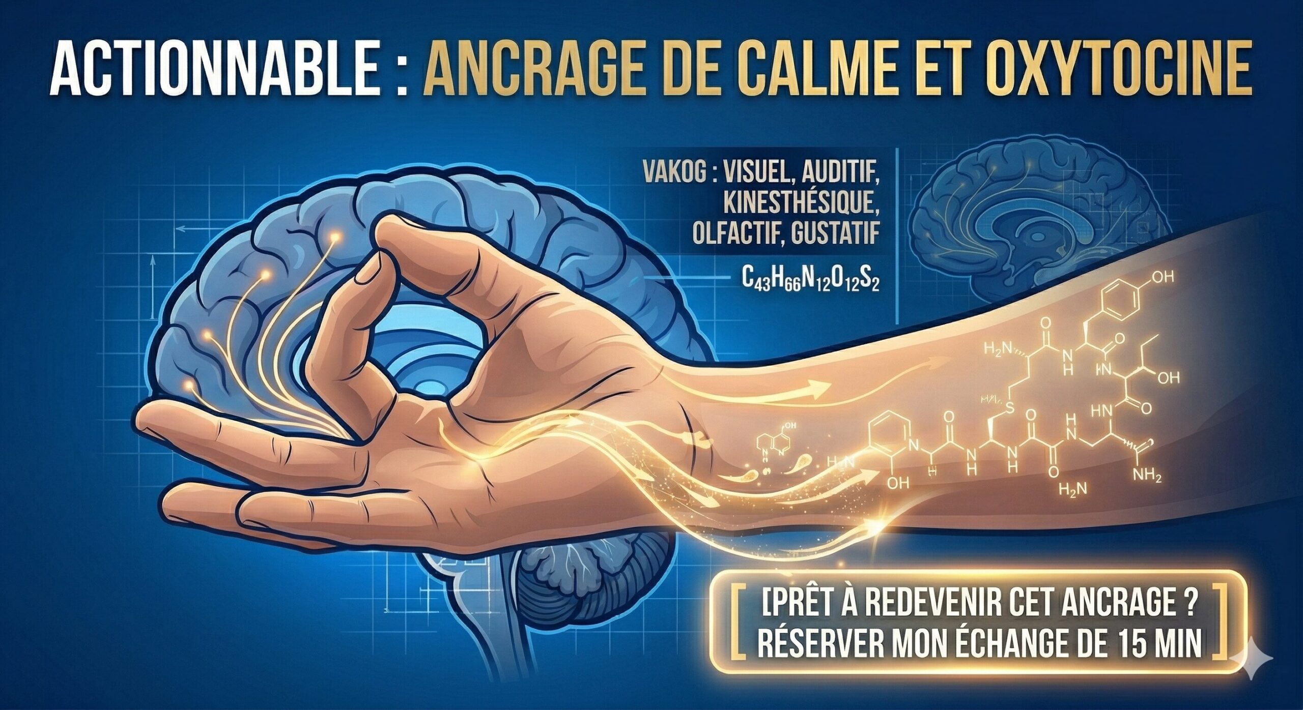 Exercice d'ancrage VAKOG pour apaiser le **traumatisme de l'aidant** : illustration d'un geste de la main libérant de l'oxytocine $C_{43}H_{66}N_{12}O_{12}S_{2}$ pour restaurer le calme.