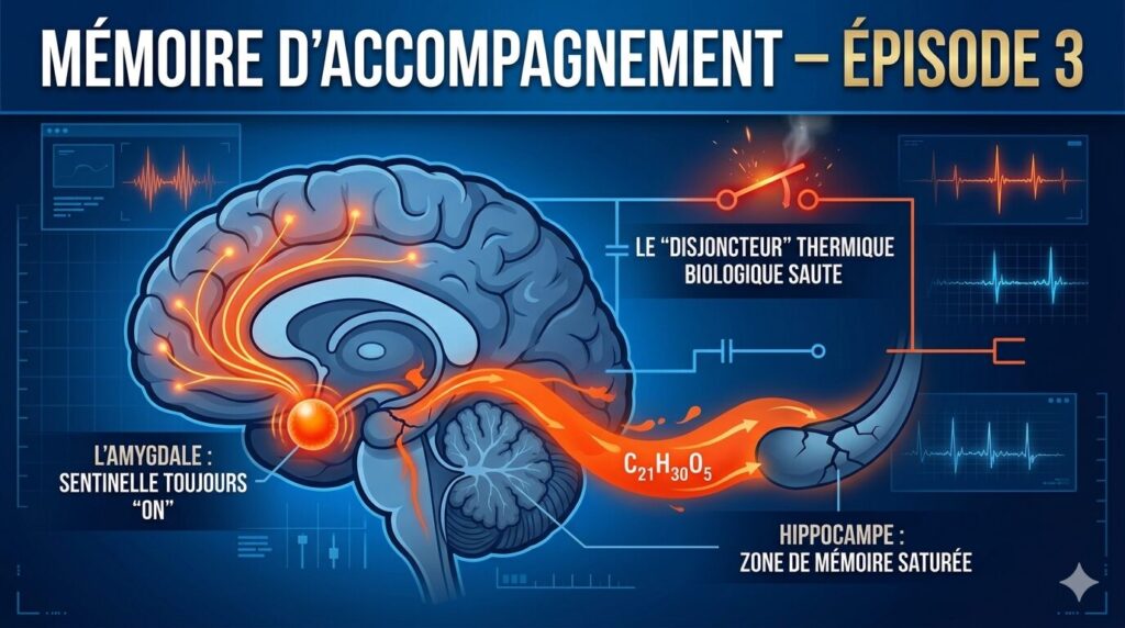 Infographie de couverture pour l'épisode 3 de la série Mémoire d'accompagnement sur le traumatisme de l'aidant, montrant la sentinelle de l'amygdale, l'hippocampe et le disjoncteur biologique.
