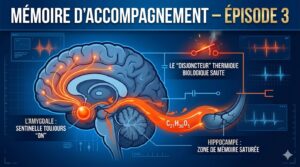 Infographie de couverture pour l'épisode 3 de la série Mémoire d'accompagnement sur le traumatisme de l'aidant, montrant la sentinelle de l'amygdale, l'hippocampe et le disjoncteur biologique.