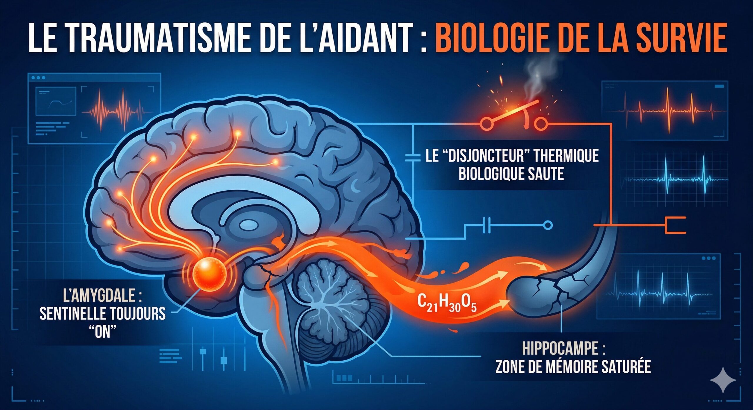 Infographie du traumatisme de l'aidant montrant l'amygdale en alerte, la saturation de l'hippocampe par le cortisol et le disjoncteur biologique.