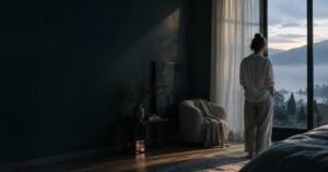 Silhouette anonyme devant une fenêtre à l'aube — pourquoi l'anxiété est si difficile à raisonner