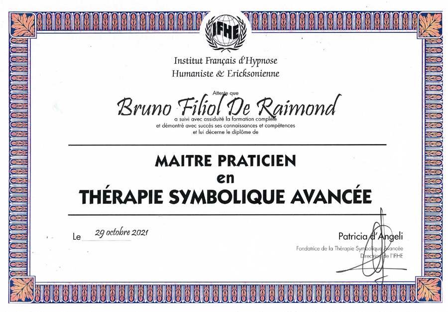 Diplôme de Maître-Praticien en Thérapie Symbolique Avancée délivré par l'IFHE Paris à Bruno Filiol de Raimond