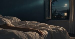 Lit défait et drap léger devant une fenêtre ouverte sur la nuit — pourquoi on dort mal quand il fait chaud